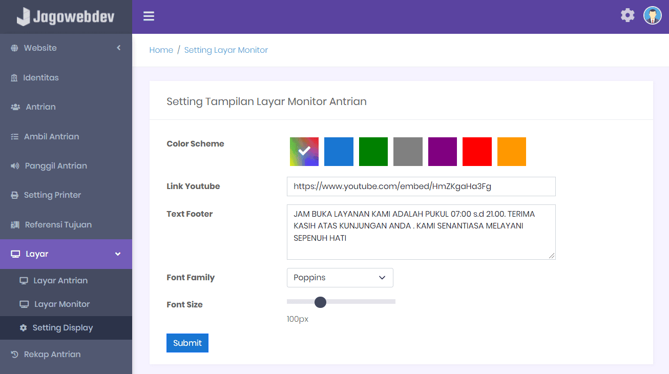 Pengaturan Tampilan Layar Monitor Antrian